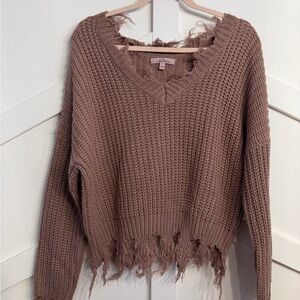 Love Tree Mauve Distressed V-Neck Sweater